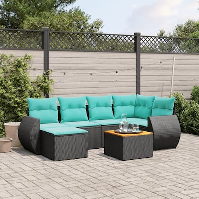vidaXL 7 Piece Patio Sofa Set with Cushions Black Poly Rattan - 24.4 x 24.4 x 27.2