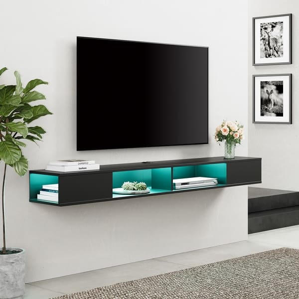 slide 2 of 43, WAMPAT 70 inch Floating TV Shelf for Wall with LED Light for Living Room - 70 inch