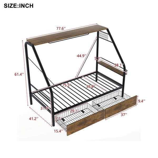 dimension image slide 1 of 2, Metal Platform Bed with Clothes Rack, Storage Shelves, Drawers - Black