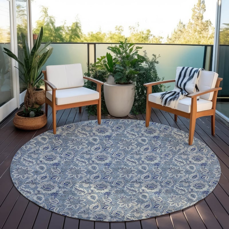 Machine Washable Indoor/ Outdoor Chantille Floral Farmhouse Rug - Blue - 8' x 8'