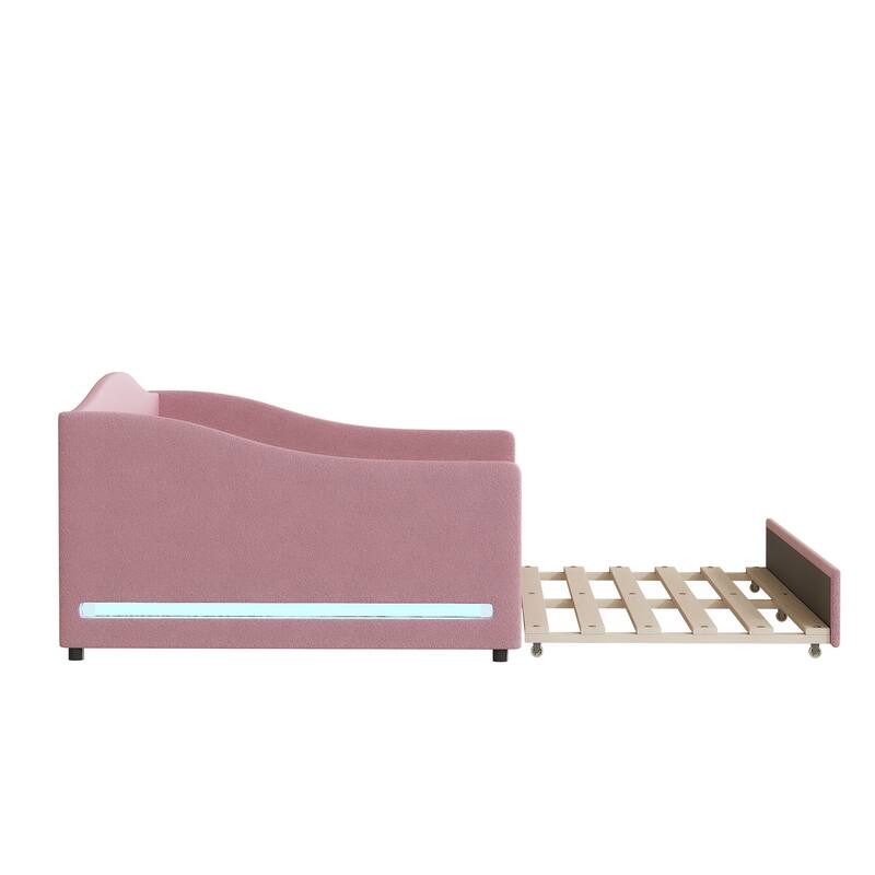 Full Size Upholstered Daybed with LED Lights, Teddy Fleece Fabric, and Twin Trundle, Ideal for Sleepovers