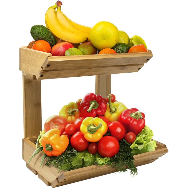 Bamboo Fruit Vegetable Basket Kitchen Counter Stand 2-Tier Storage