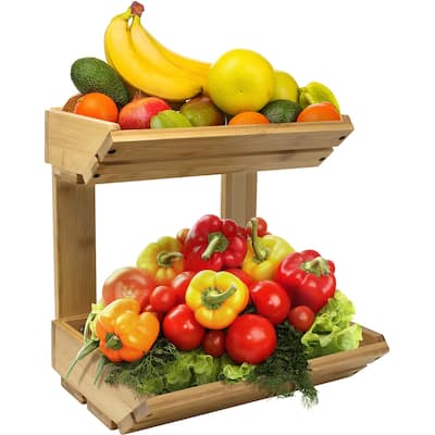 Bamboo Fruit Vegetable Basket Kitchen Counter Stand 2-Tier Storage