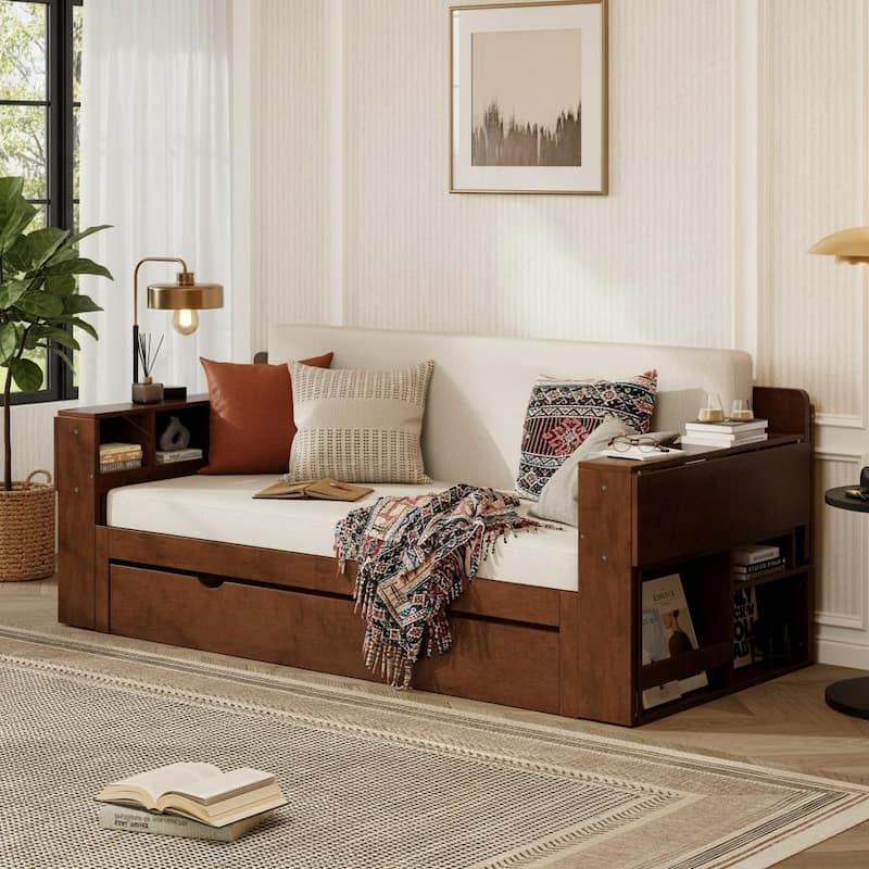 4-in-1 Convertible Daybed with Foldable Desk, Pull-Out Bed & Storage by Harper&Bright Designs - Espresso - Queen