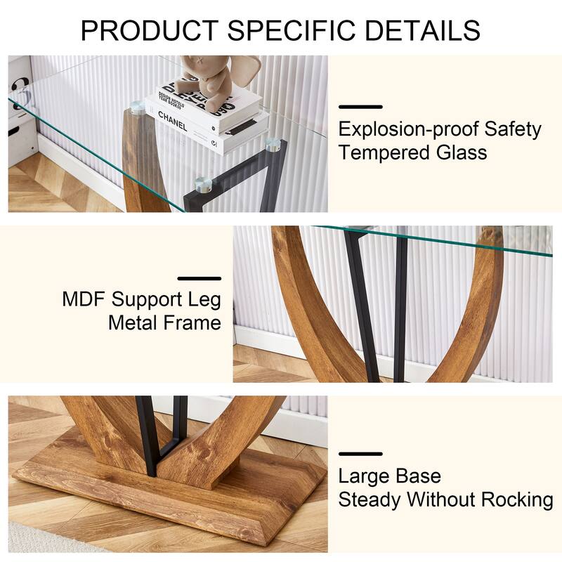 Modern minimalist rectangular glass table with tempered glass top and MDF wood grain sticker legs - Transparent,Wood