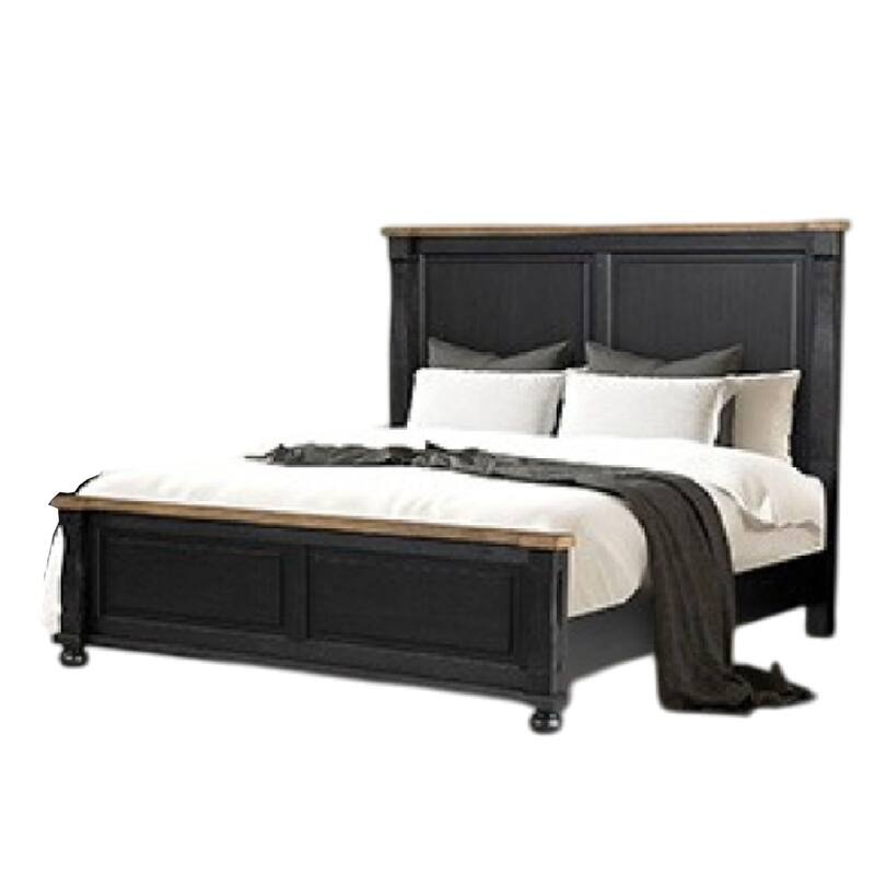 Ginie King Bed, Tall Headboard, Farmhouse Legs, Black Oak Brown Oak