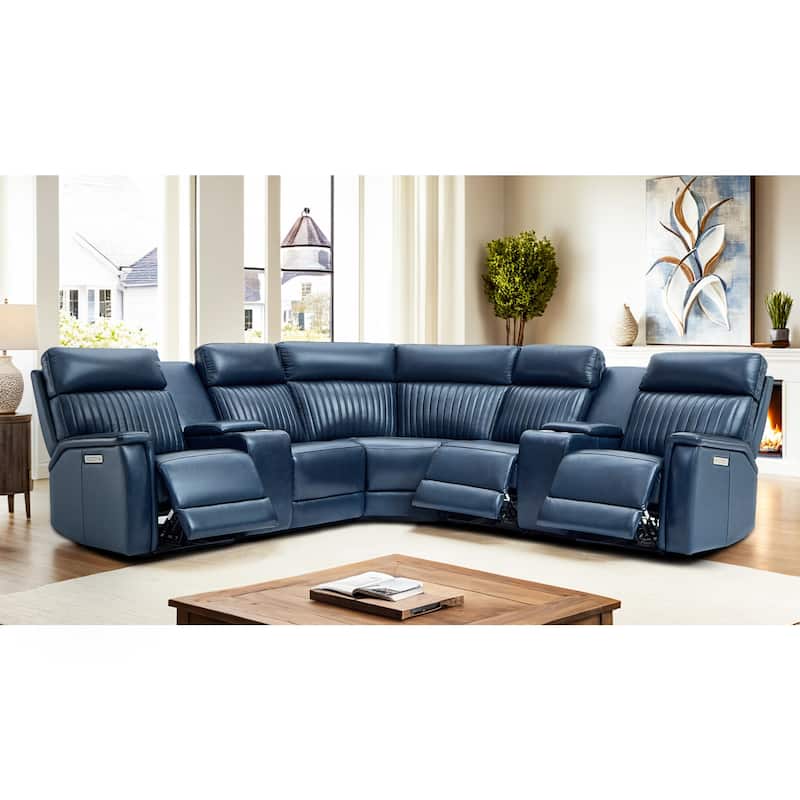 7PCS, 3 Power Recliners, Leather Reclining Sectional with Zero Gravity, USB Port & USB-C Port - Blue