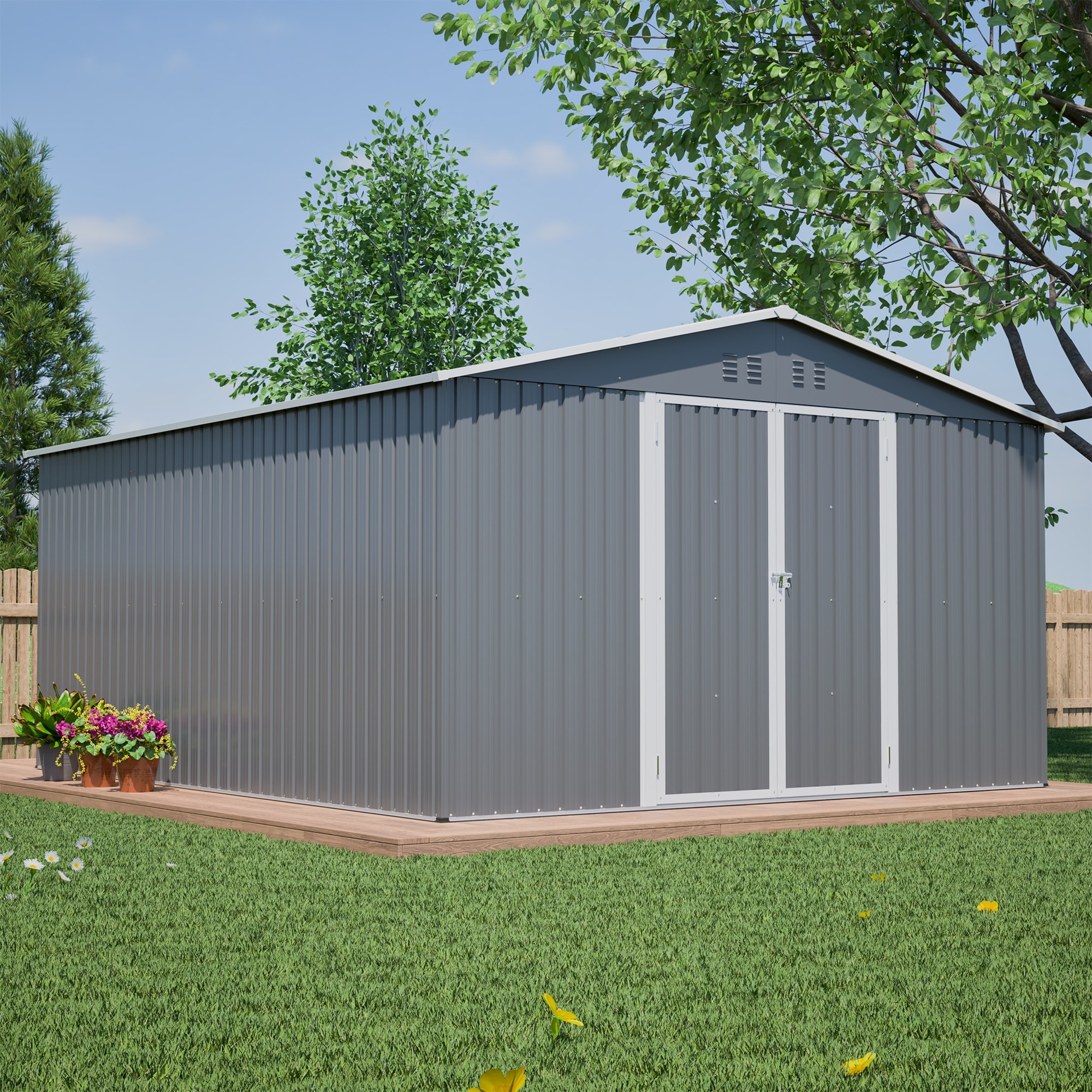 11x13 FT Metal Storage Shed with Reinforced Floor Frame Large Outdoor Garden Tool House Lockable Doors & 4 Air Vents