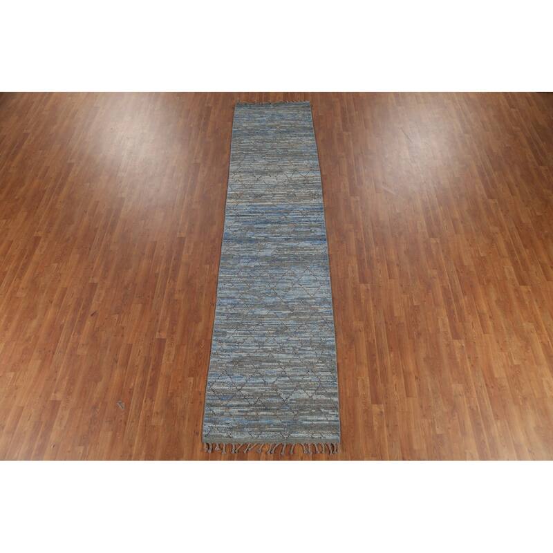Striped Blue Trellis Moroccan Runner Rug Hand-Knotted Wool Carpet - 3'0"x 12'5"