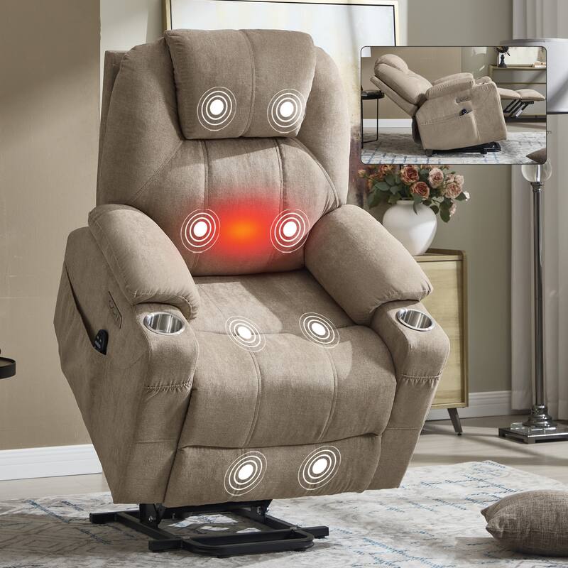Up to 350 LBS polyester Power Lift Recliner Chair, Heavy Duty Motion Mechanism with 8-Point Vibration Massage - khaki