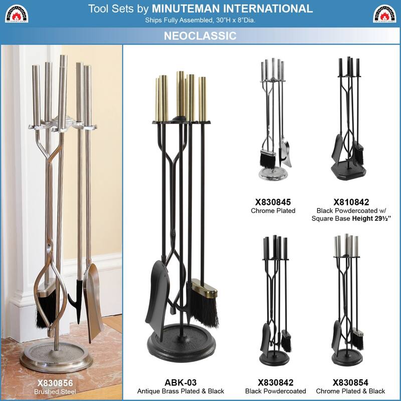 Achla Designs Set of 4 Neoclassic Fireplace Tool Set, 30 Inch Tall, Antique Brass and Black