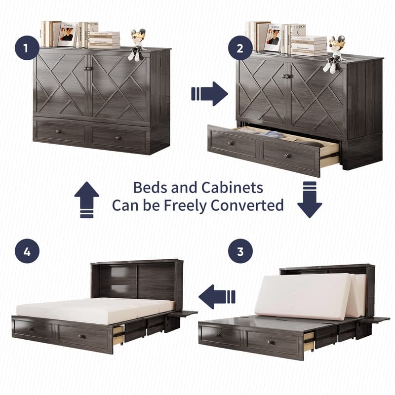 Mixoy Queen Size Murphy Bed Chest with Mattress and Storage