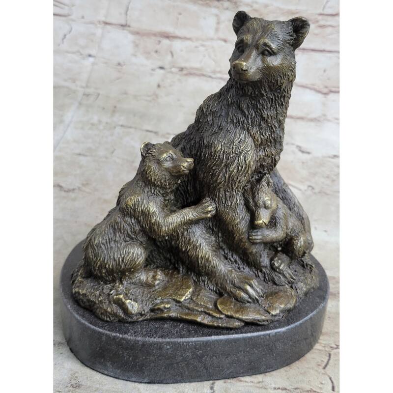 Signed Original Grizzly Bear With Her Two Cubs Bronze Sculpture Statue Figurine