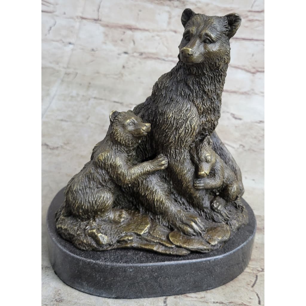Signed Original Grizzly Bear With Her Two Cubs Bronze Sculpture Statue Figurine
