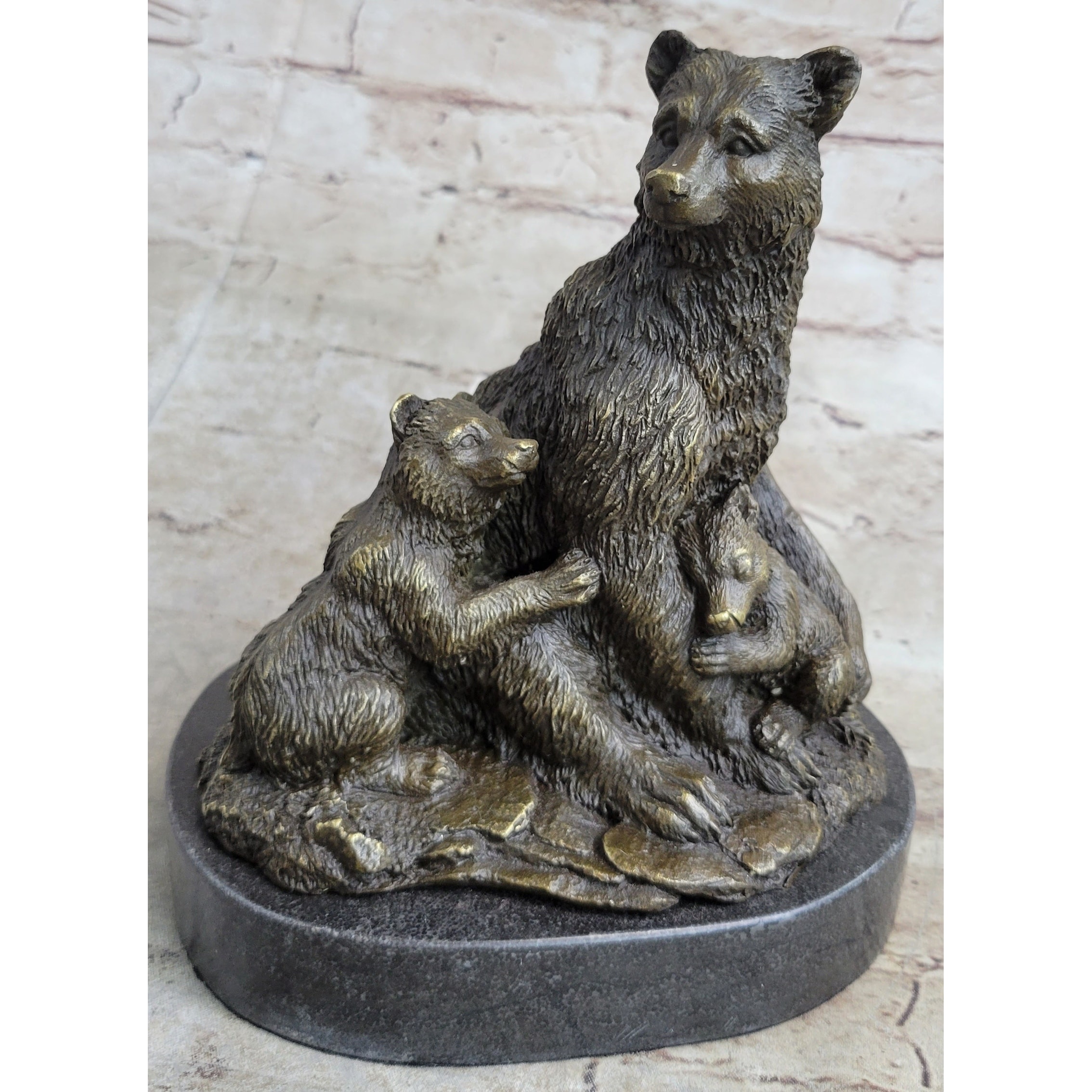 Signed Original Grizzly Bear With Her Two Cubs Bronze Sculpture Statue Figurine