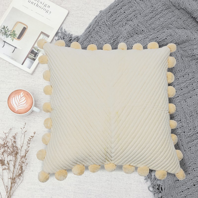 20" Square Quilted Cotton Pillow Cover with Pom Pom Trim