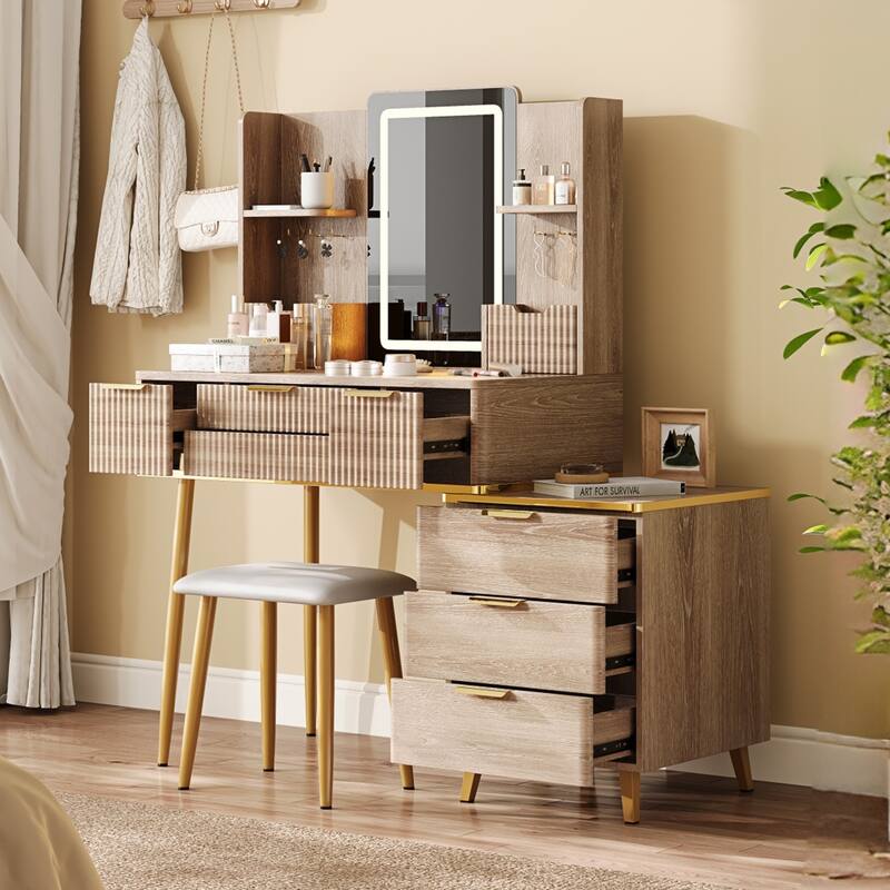 Anmytek 7-Drawer Vanity Desk with LED Mirror & PU Stool - Carved Details & Jewelry Storage for Bedroom