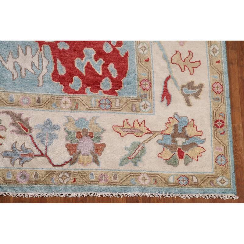 Light Blue Floral Oushak Rug Hand-Knotted Oriental Wool Carpet - 8'10"x 11'10"