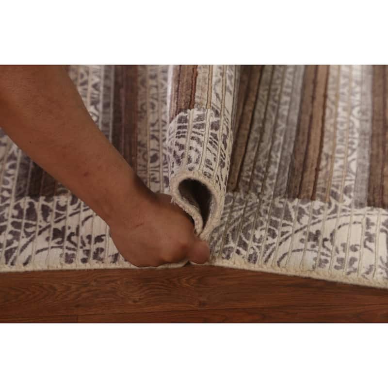Beige Striped Abstract Accent Rug Handmade Oriental Wool Carpet - 2'9"x 5'0"