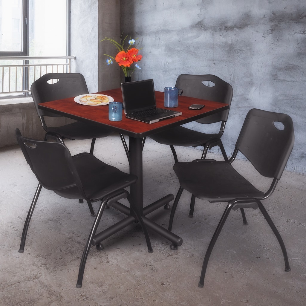42 in. Square Breakroom Table- Cherry & 4 'M' Stack Chairs- Black