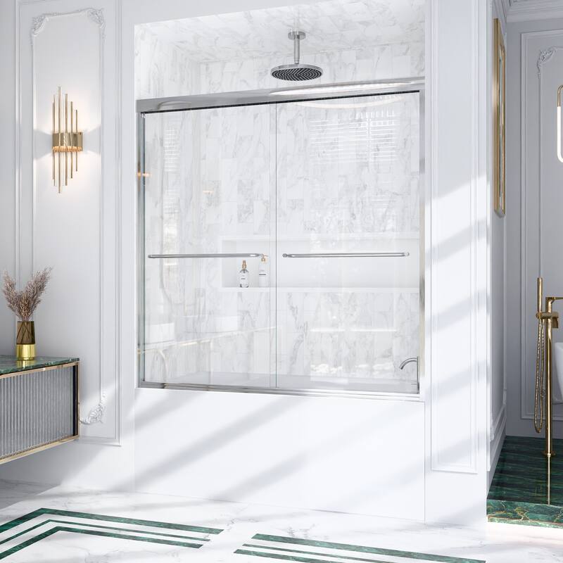 GDFStudio - Modern Minimalist Semi-Frameless Double Sliding Shower Door with 1/4" SGCC Tempered Glass & Stainless Steel Handle