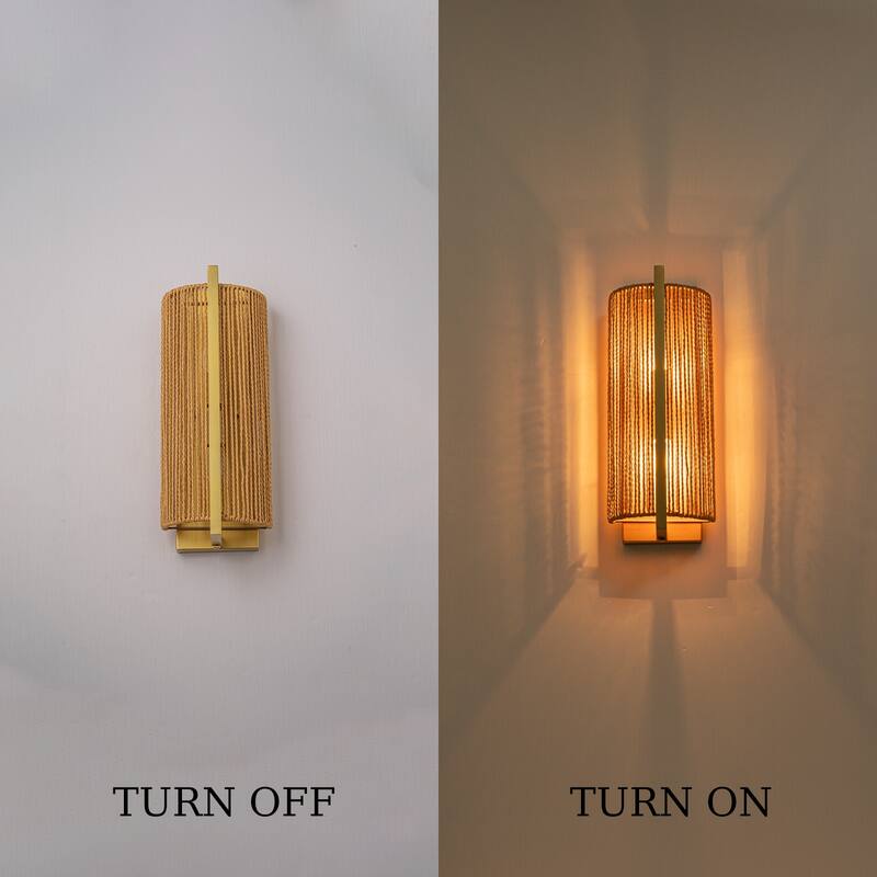 1-Light Gold Wall Sconce with Woven Rope Shade - 6.3" W × 5.1" D × 16.1" H