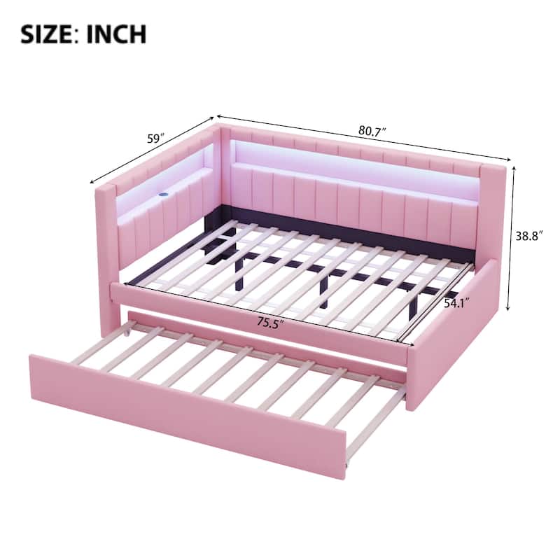 L-shape Daybed Built-in LED Belt and USB Ports, Corner Sofa Bed