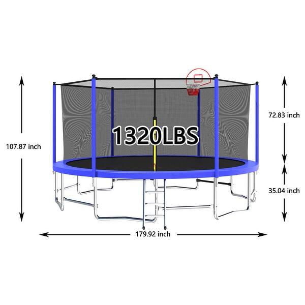 15 ft. Blue Galvanized Anti-Rust Outdoor Round Trampoline with Basketball Hoop with Ladder and Enclosure Net