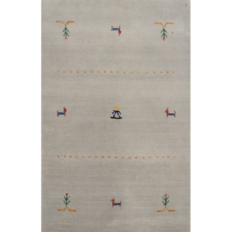 Hand Knotted Oriental 100% Wool Carpet Tribal Animal Pictorial Greys & Charcoal Gabbeh Area Rug - 3' 0'' X 2' 0''