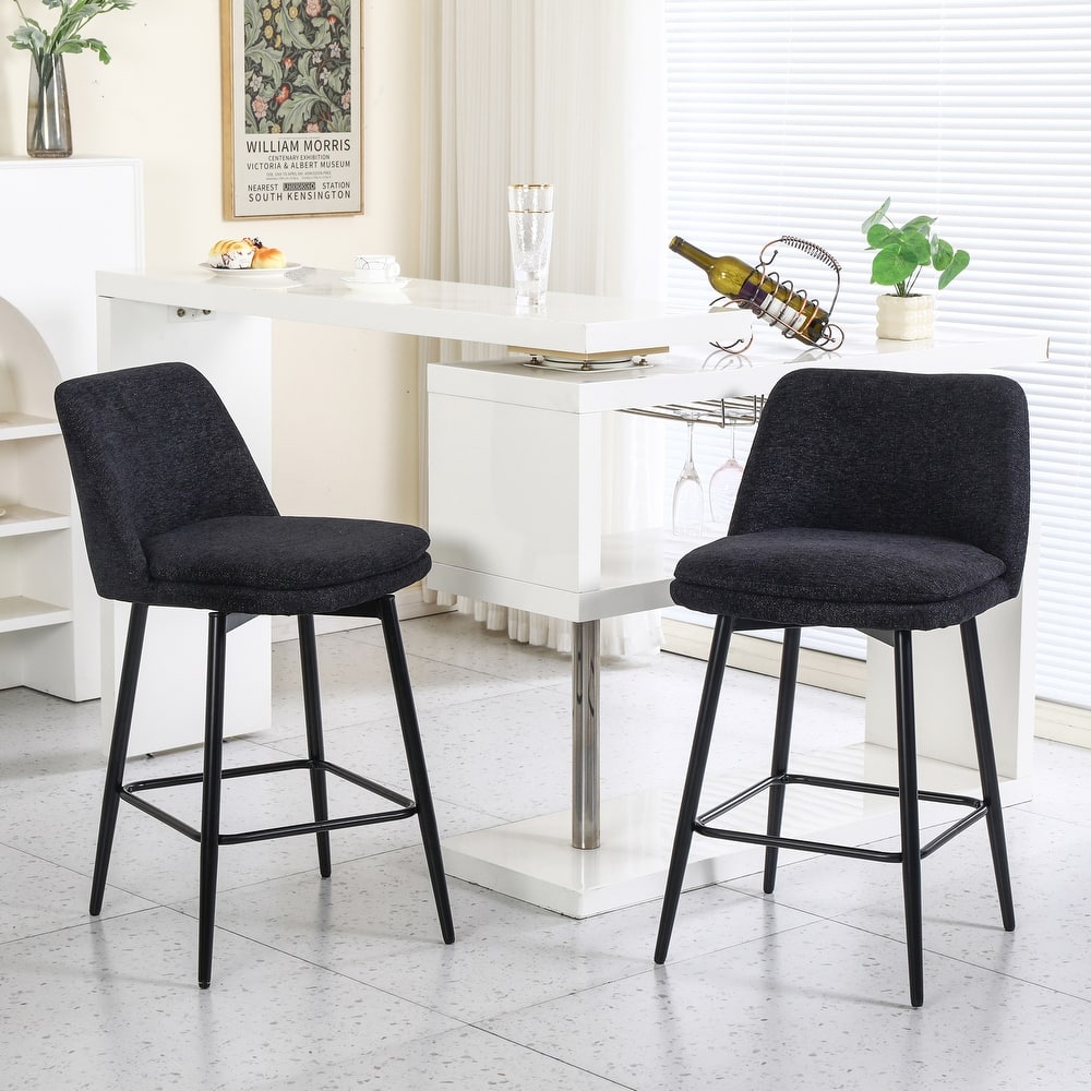 Linen Upholstered Swivel Barstools Counter Height Chairs with 360° Swivel Seat, Curved Back and Metal Legs, Set of 2