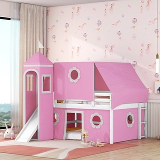 Pink Full Size Cute Solid Wood House Loft Bed with Slide, Tent, and Tower for Bedroom