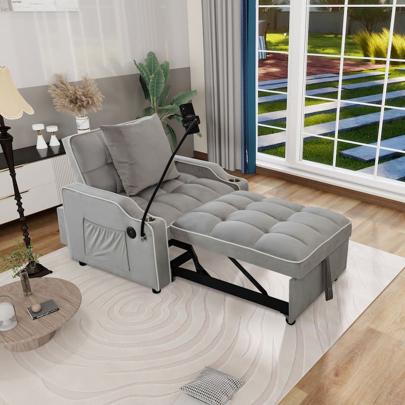 Convertible Single Chair Bed, Sleeper Sofa Bed with Phone Holder & USB Ports,Pull Out Couch Bed with Adjustable Recliner - Light Gray