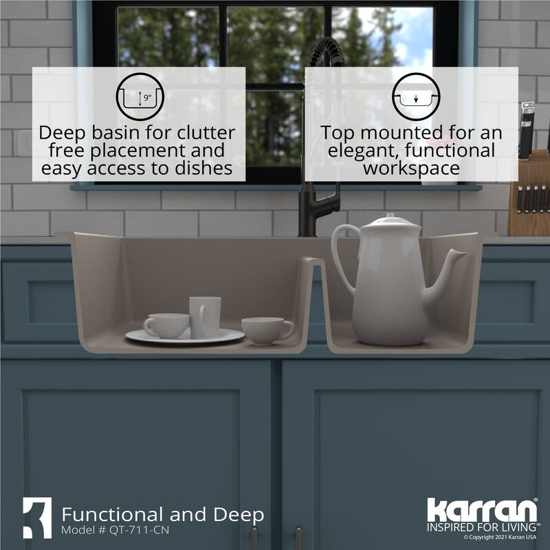 Karran Drop-In Quartz 33 in. 1-Hole 60/40 Double Bowl Kitchen Sink Kit