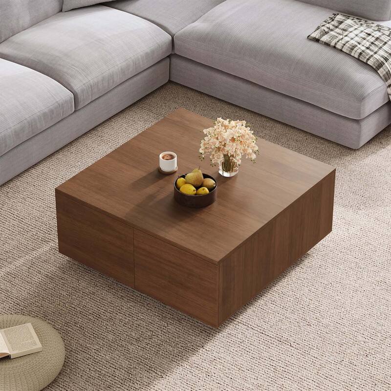 Square Coffee Table with 4 Drawers,Ample Storage and Sturdy Construction