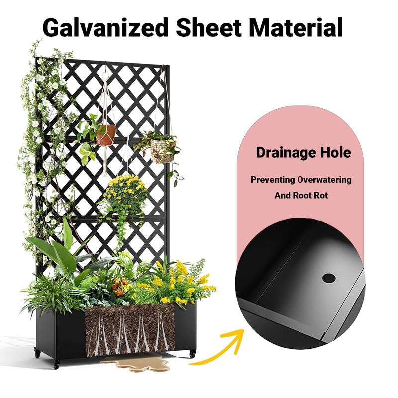 Metal Privacy Screen with Wheels – Galvanized Steel Garden Trellis & Planter Box for Climbing Plants/Vines