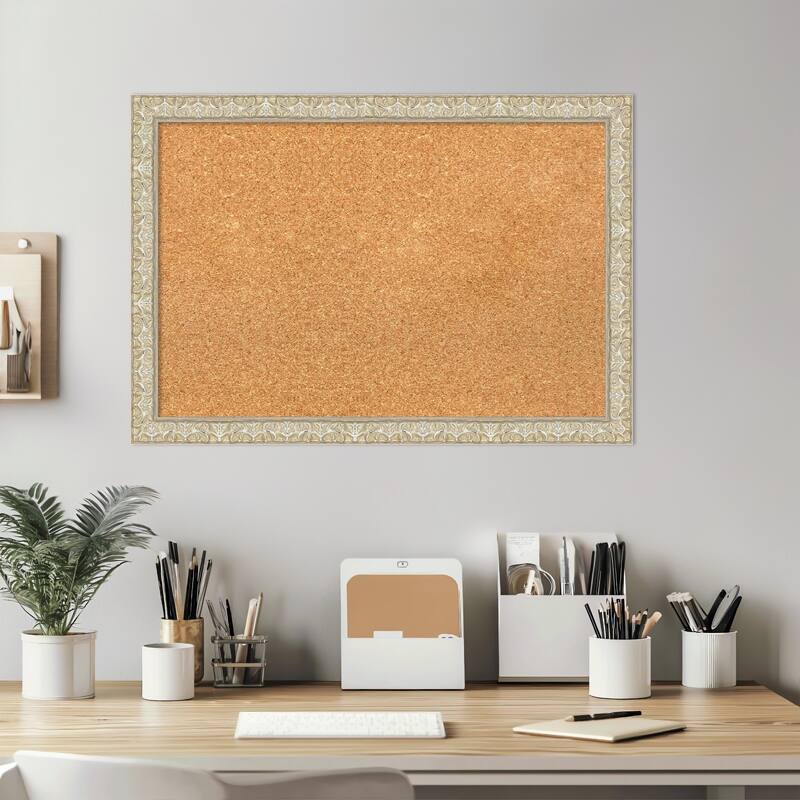 Lila Silver Wood Framed Cork Board - Bulletin Board, Organization Board, Pin Board