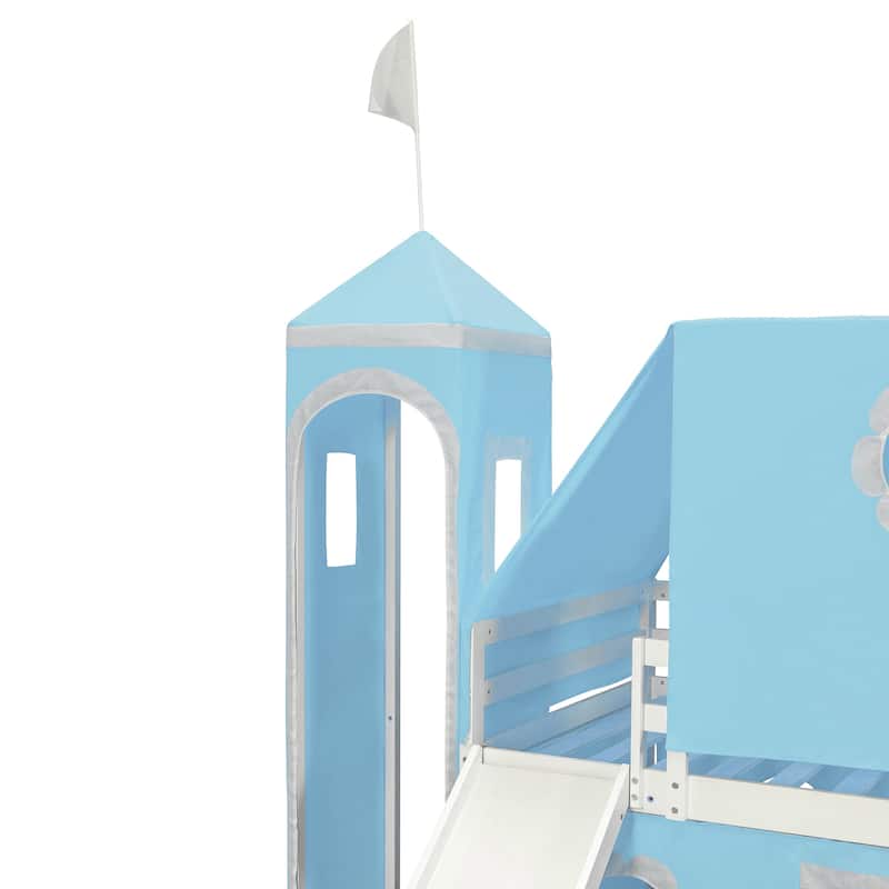 Twin Playhouse Loft Bed with Bed Tent and Semi-enclosed Underbed Space
