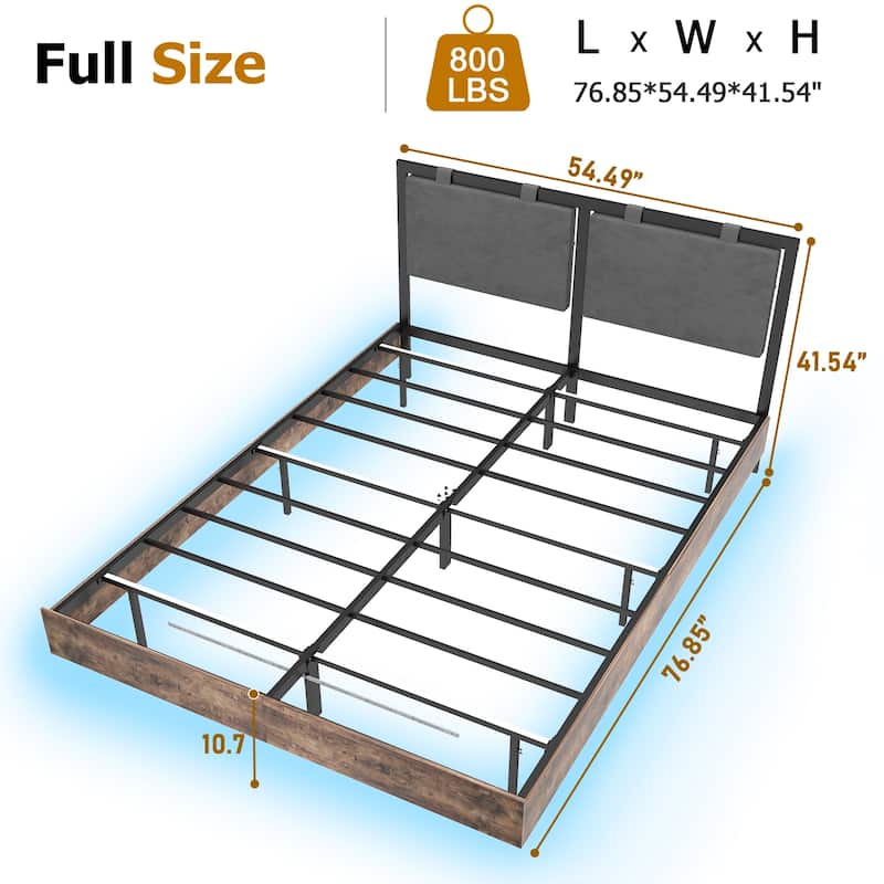 Floating Bed Frame with LED Lights, Hanging Upholstered Headboard No Box Spring Needed,Full Size