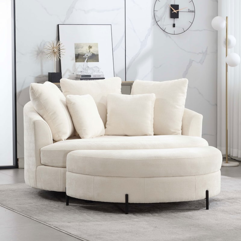 59.8''W Oversized Sofa Chair Set, Round Accent Barrel Chair With 5 Pillows and 1 Storage Ottoman