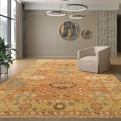 Multi Size Hand Knotted Blue Traditional Oushak Wool Oriental Area Rug - 6' 5'' x 9' 3''