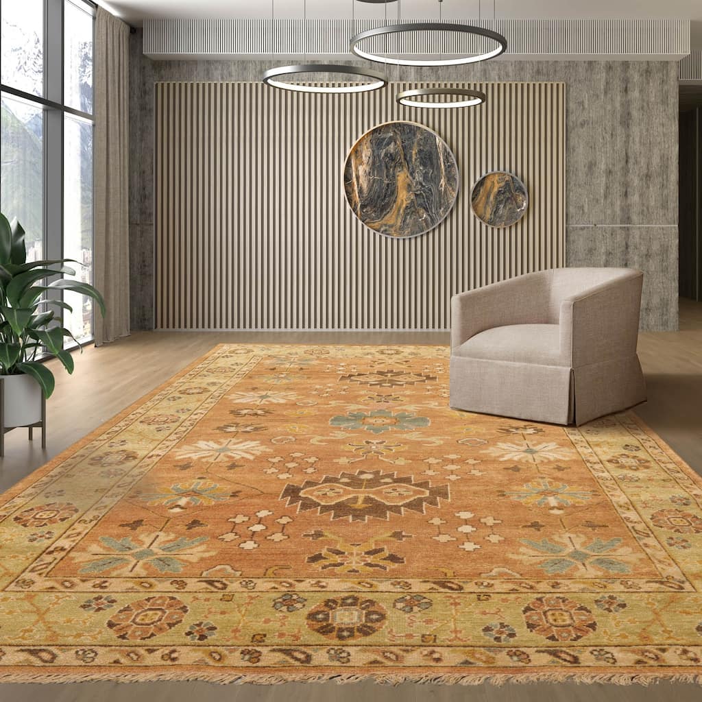 Multi Size Hand Knotted Blue Traditional Oushak Wool Oriental Area Rug - 6' 5'' x 9' 3''