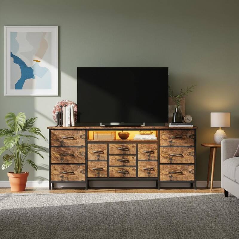 70 Inch Long Dresser TV Stand, Wide 13 Chest, up to 80 Inch - Rustic Brown
