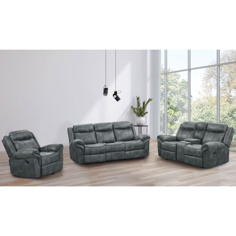 Verne Modern 3-Piece Brown Leather Manual Reclining Sofa Set with Cup Holders - Dark Grey