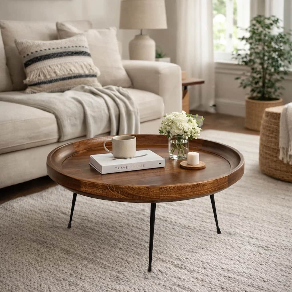Gia Handcrafted Round Mango Wood Coffee Table with Tray Top, Dark Walnut Brown, Black Iron Legs