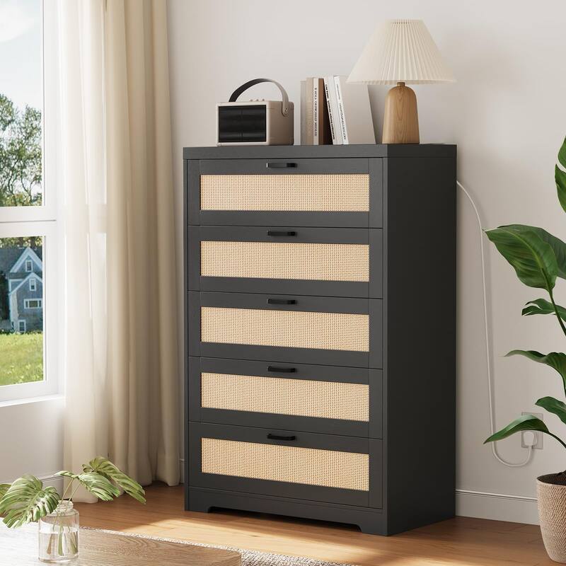 4/5 Drawer Rattan Dresser for Bedroom, Wood Dresser Chest of Drawers with Power Outlets - 5-drawer - Black