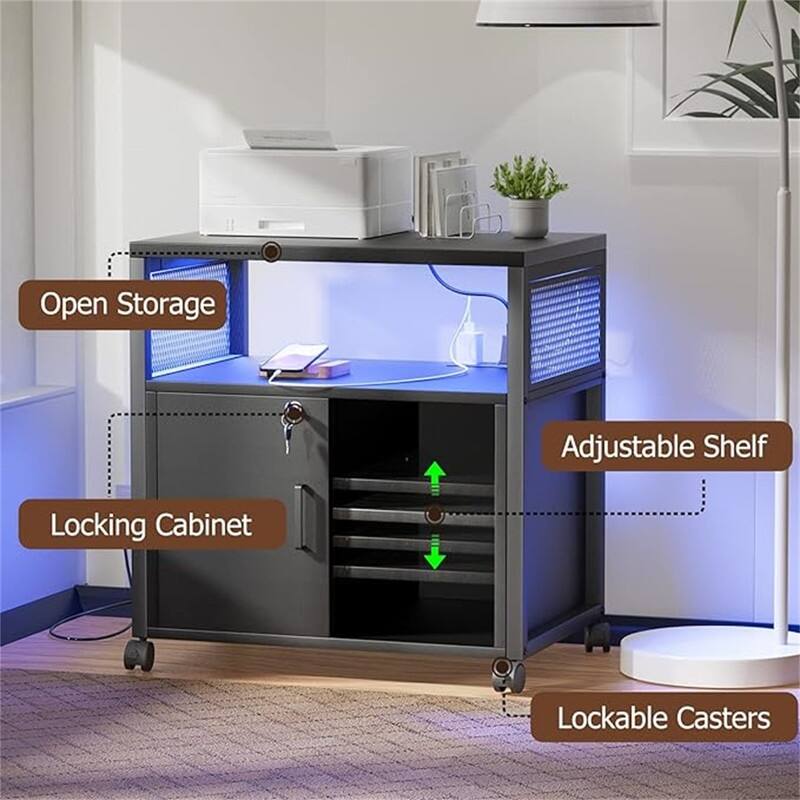 Printer Stand with LED Lights, - 23.6"D x 17.2"W x 26"H