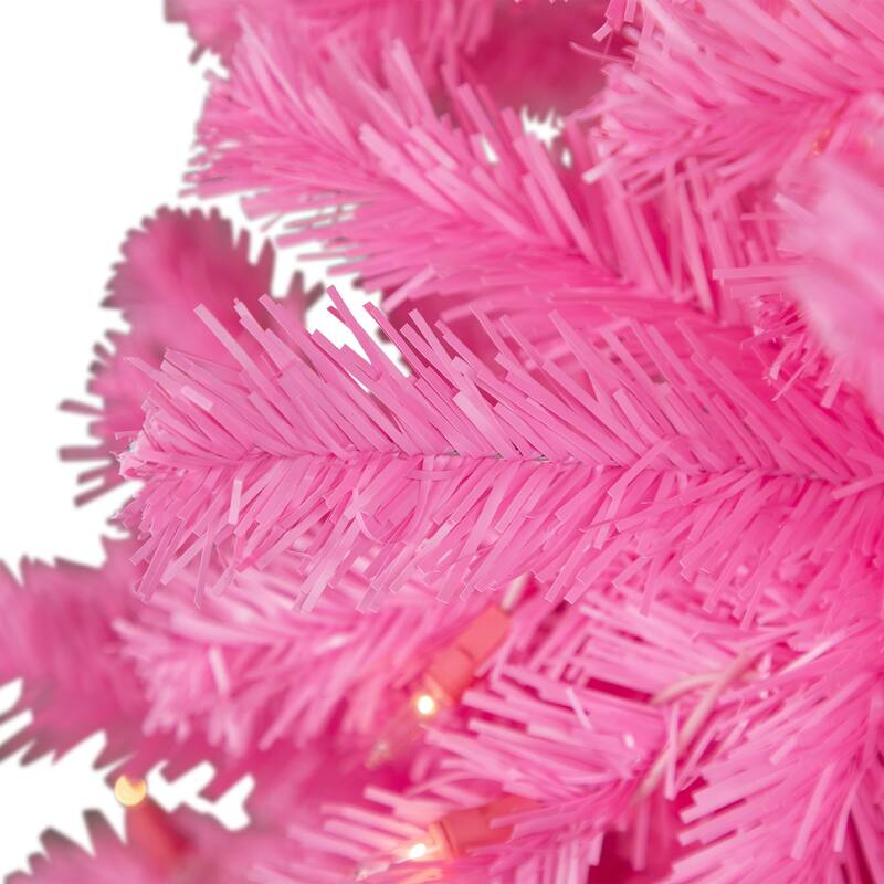 Pre-Lit Medium Artificial Pine Christmas Tree - 7' - Pink - Clear Lights - 7 Foot