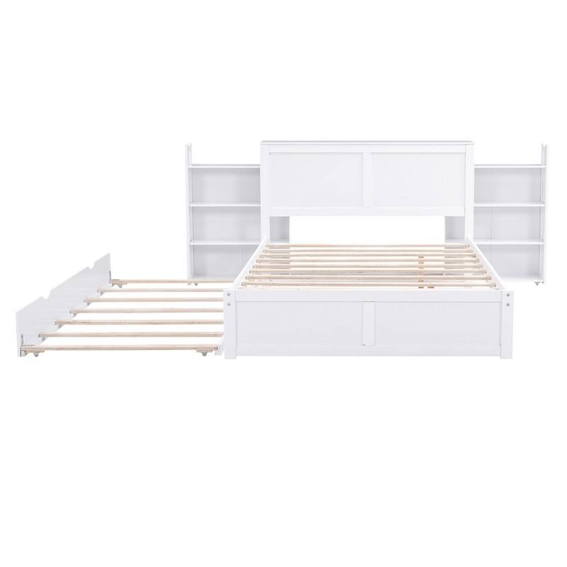Wooden Storage Platform Bed with Bookcase Headboard, Full/Queen Bed Frame with Twin Size Trundle and Pull Out Shelves