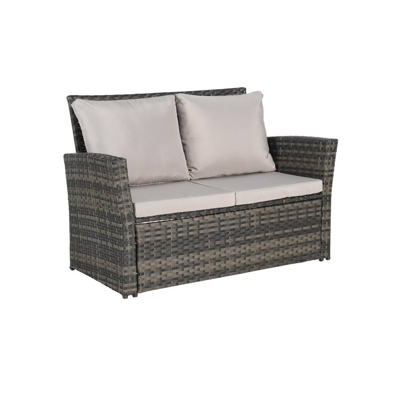 4-Piece Outdoor Patio Rattan Conversation Sofa Set with Tempered Glass Coffee Table