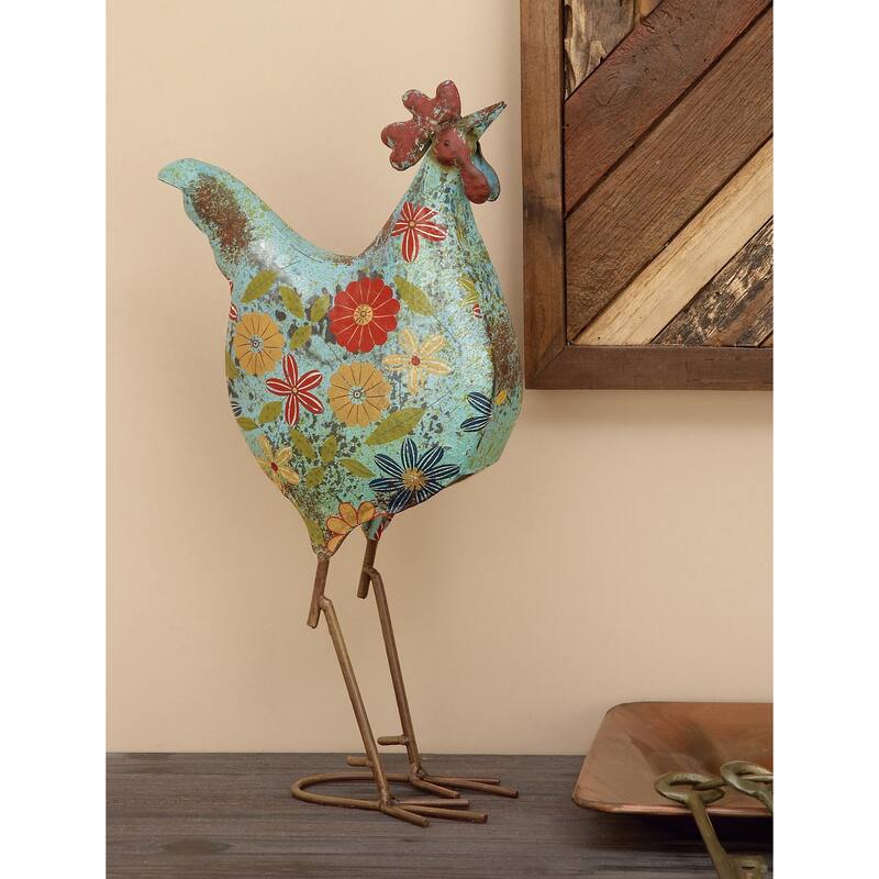 Green or Cream Metal Indoor Outdoor Distressed Standing Rooster Garden Sculpture with U Shaped Feet - Green